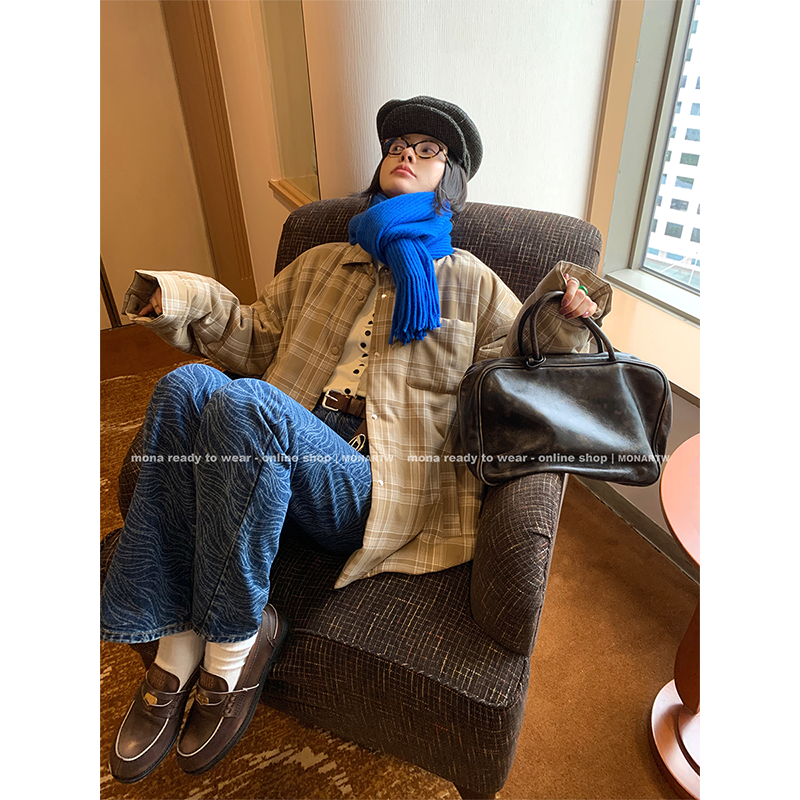 【Mona张绮贤 】MONA 格纹时髦宽松 休闲棉衬衫女 O123H03122