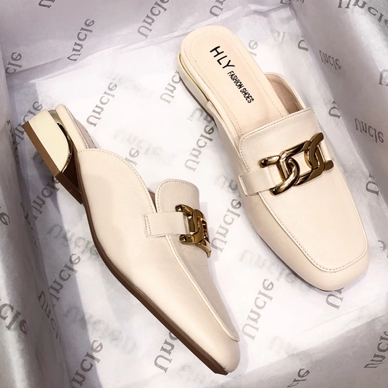 2024新款网红百搭真皮半托单鞋女中跟包头半拖鞋女外穿穆勒鞋凉拖