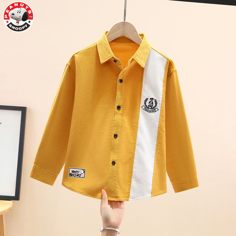 Snoopy/史努比男童翻领衬衫拼接长袖春秋中大童男孩时尚纯棉上衣