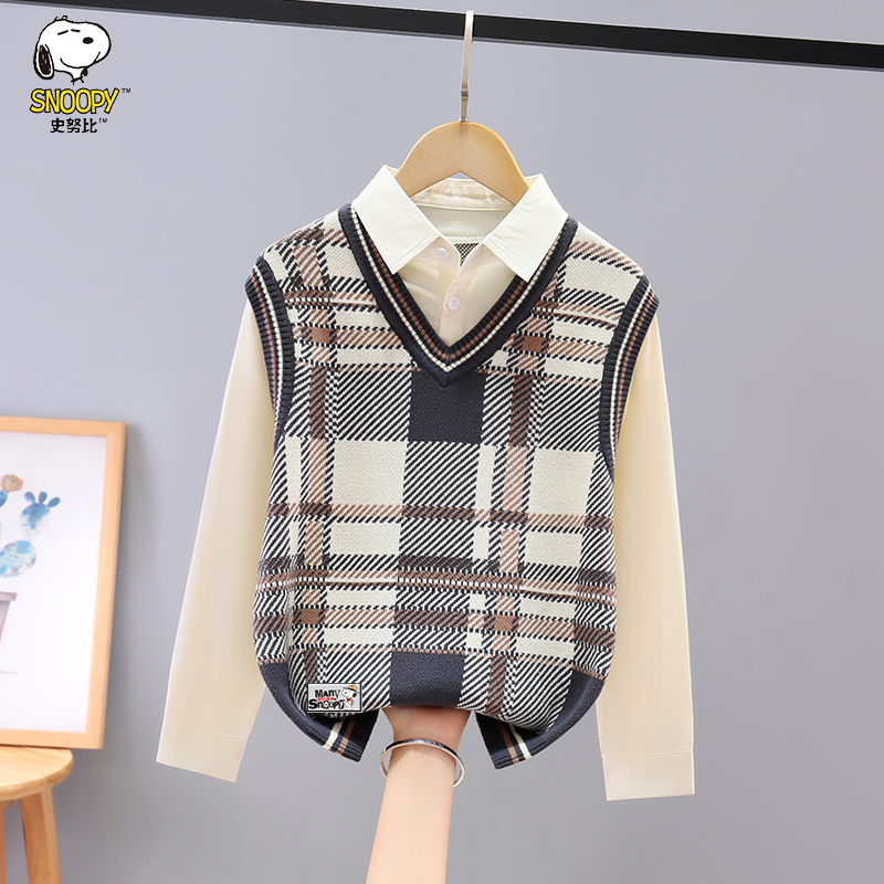 Snoopy/史努比男童毛衣套头秋冬款洋气儿童针织马甲衬衫假两件潮