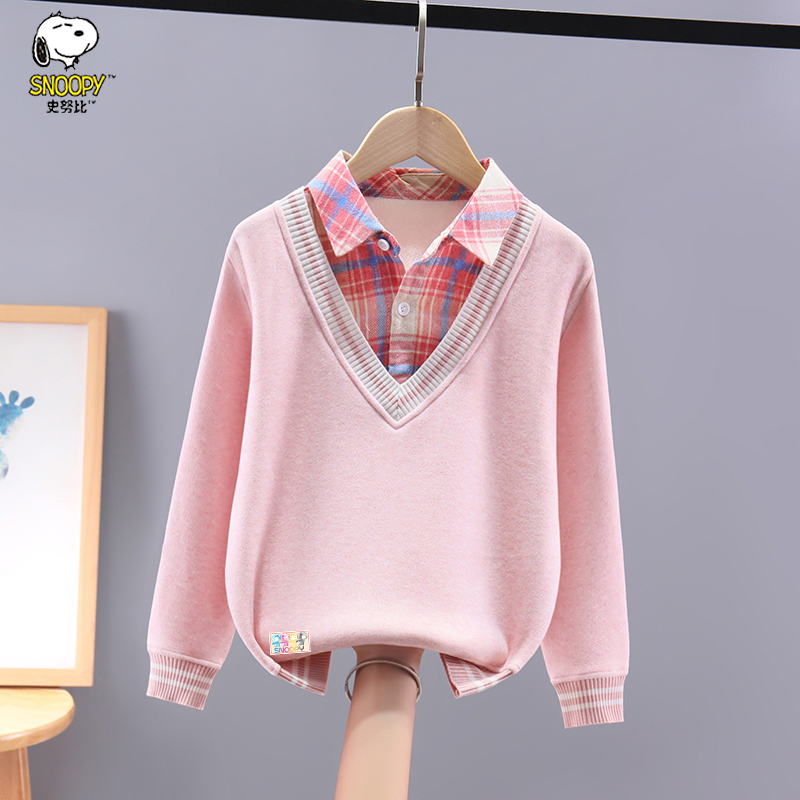 Snoopy/史努比女童衬衫领毛衣秋冬中大儿童一体绒女孩针织假两件