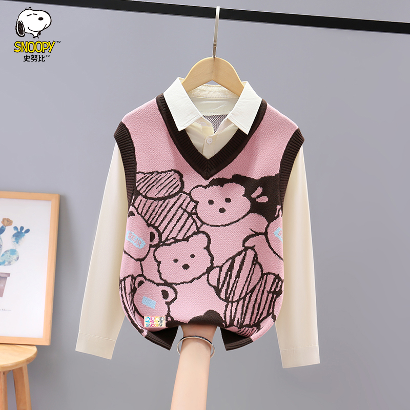 Snoopy/史努比男童假两件毛衣春秋装卡通纯棉女童马甲衬衫领洋气