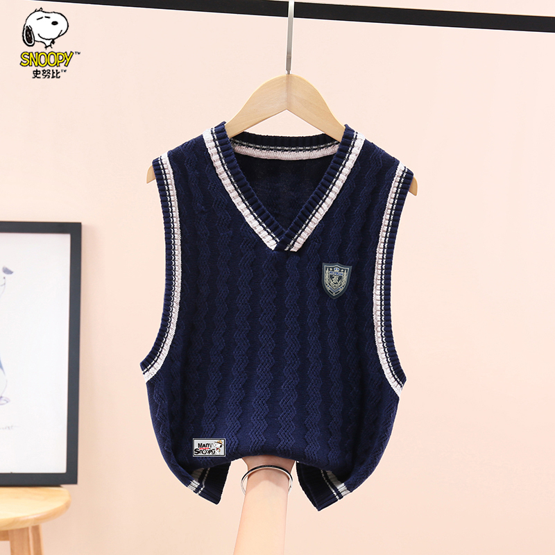 Snoopy/史努比儿童毛衣背心针织学院风春秋款包包纯棉V领马甲上衣