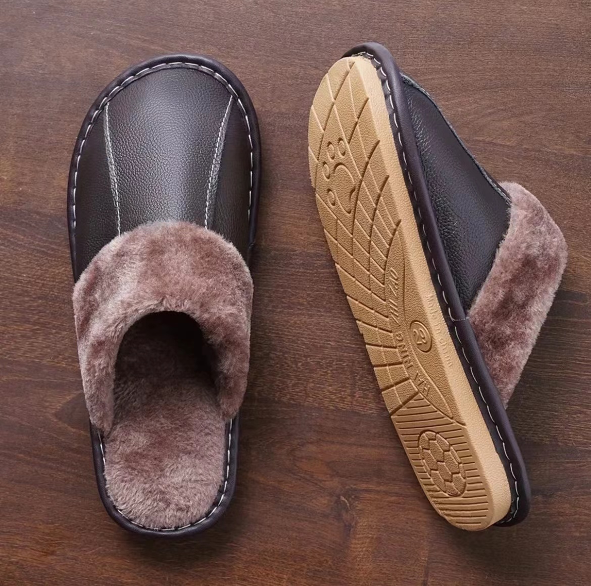 【官方正品】海宁真皮牛皮冬季防滑底男女家居加厚拖鞋