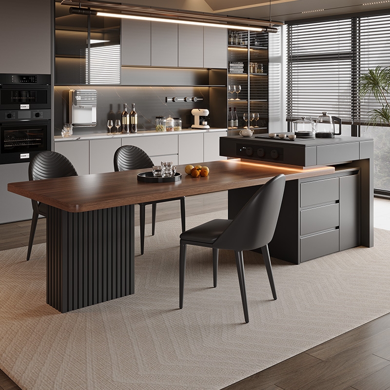 岩板岛台餐桌一体可伸缩家用高级新款中古风大小户型客餐厅中岛台