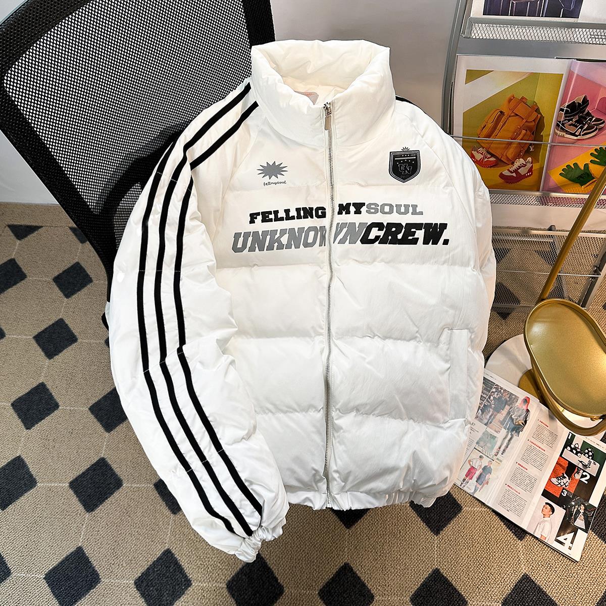 冬季新款棉服女美式高街加厚条纹面包服外套潮牌宽松情侣棉衣