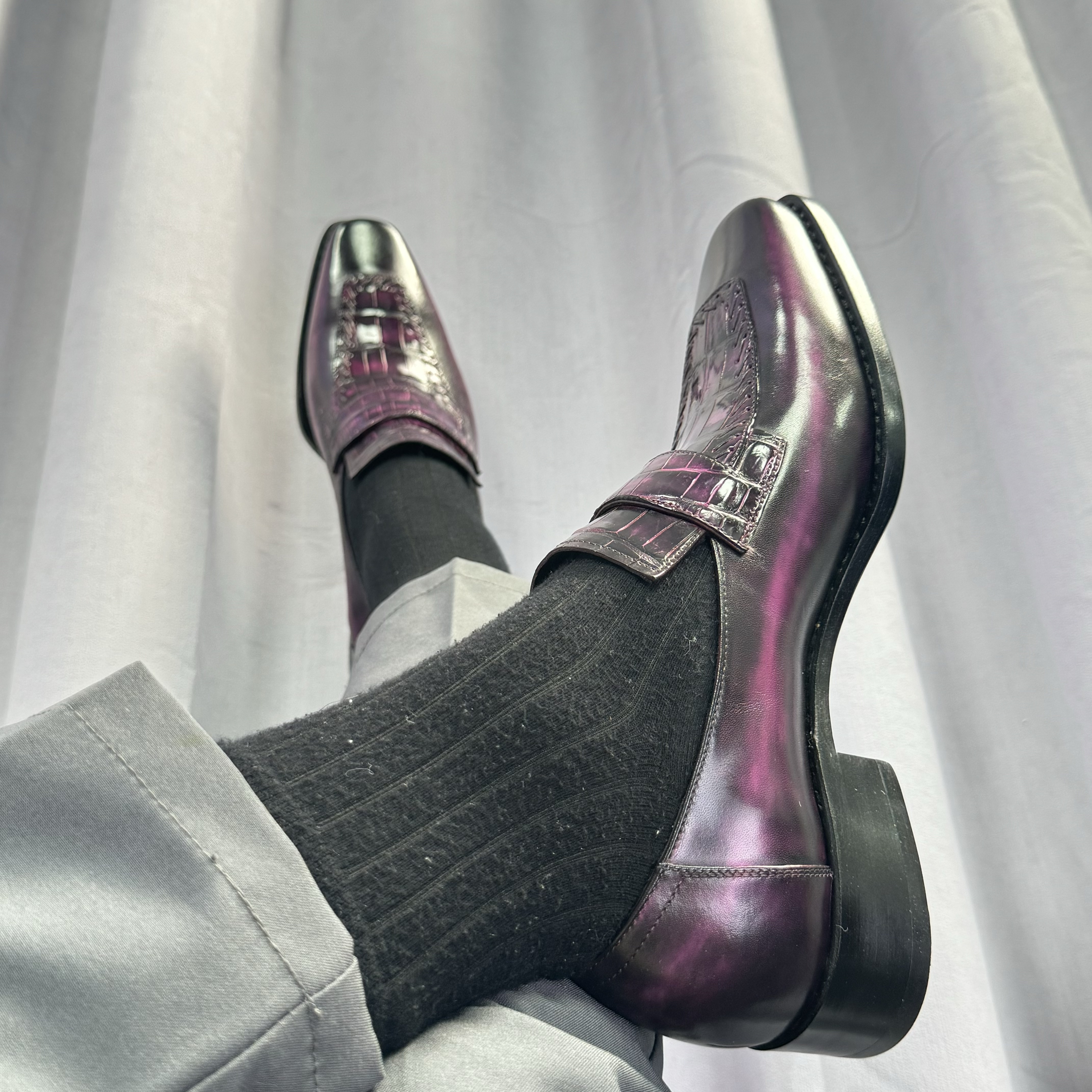 Musen穆森鳄鱼皮定制固特异男士皮鞋男商务正装纯手工英伦乐福