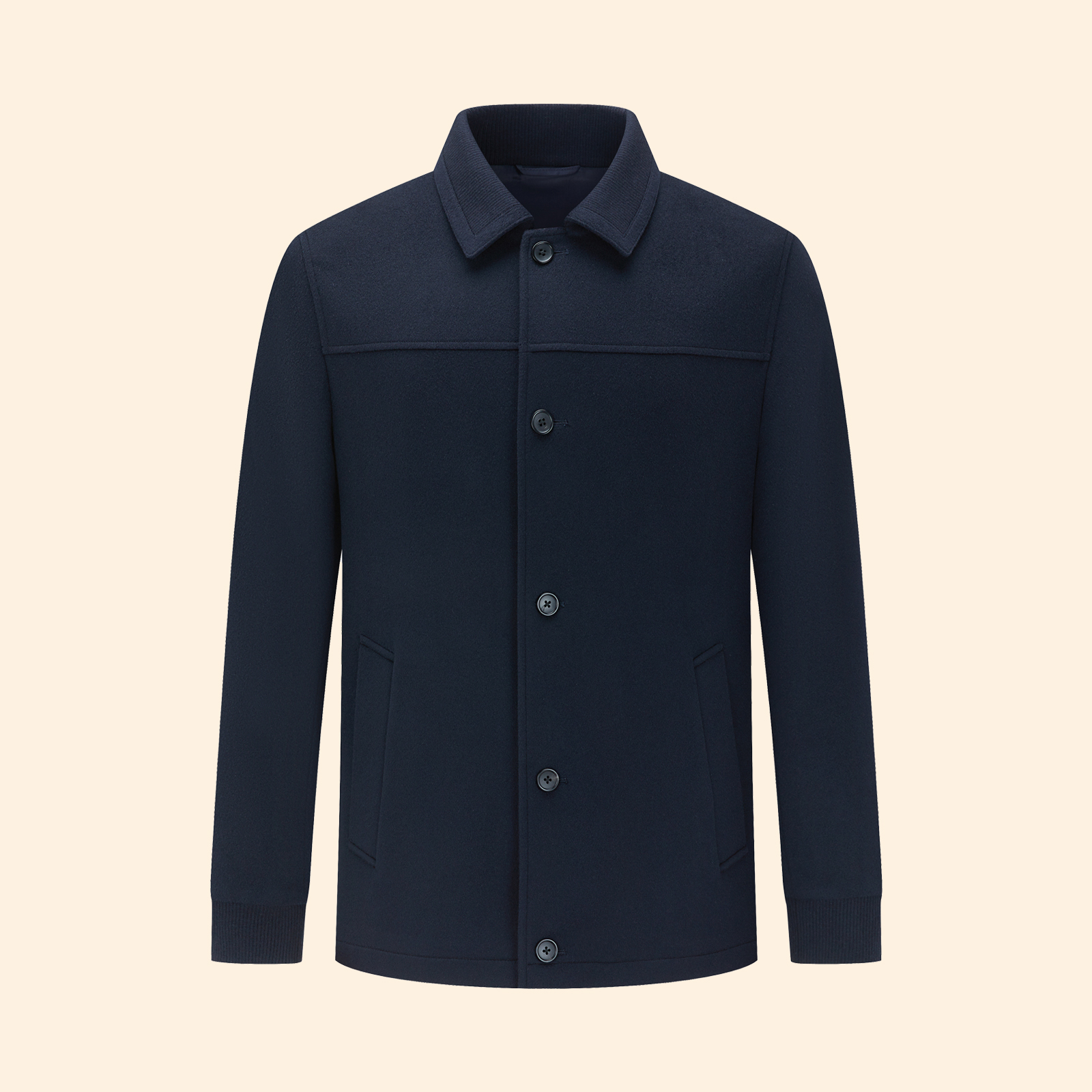 38mm黄金羊绒 100%山羊绒翻领拼接螺纹男士商务毛呢夹克50DBW009