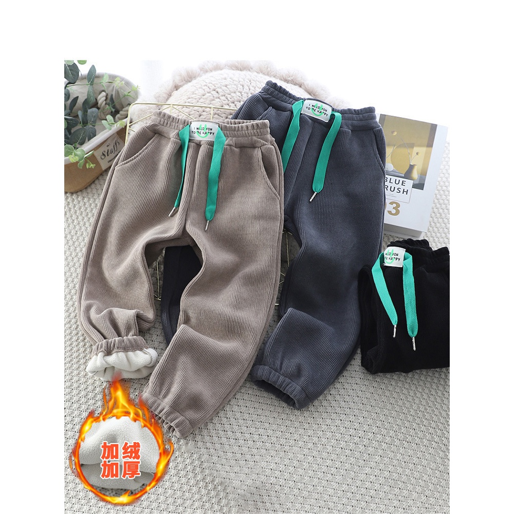 儿童加绒裤子2023冬季新款男童一体绒长裤中大童保暖休闲裤哈伦裤