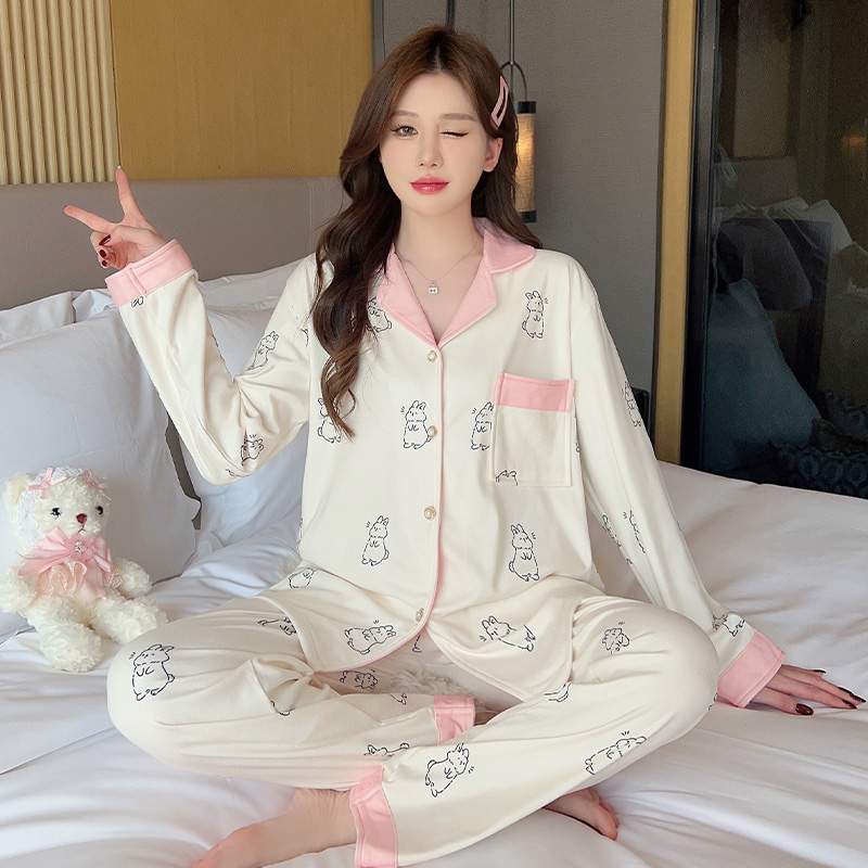 睡衣女春秋季德绒甜美可爱兔子双面绒薄绒保暖家居服冬款两件套装