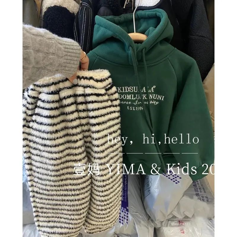 童装百搭春连帽时尚毛绒儿童宽松阔腿裤加绒卫衣女宝宝套装