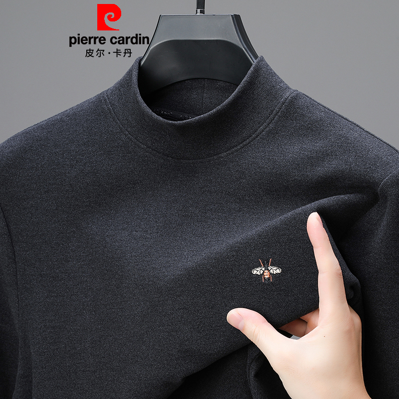 皮尔卡丹高端打底衫男士长袖T恤双面德绒半高领内搭刺绣保暖上衣 商品图