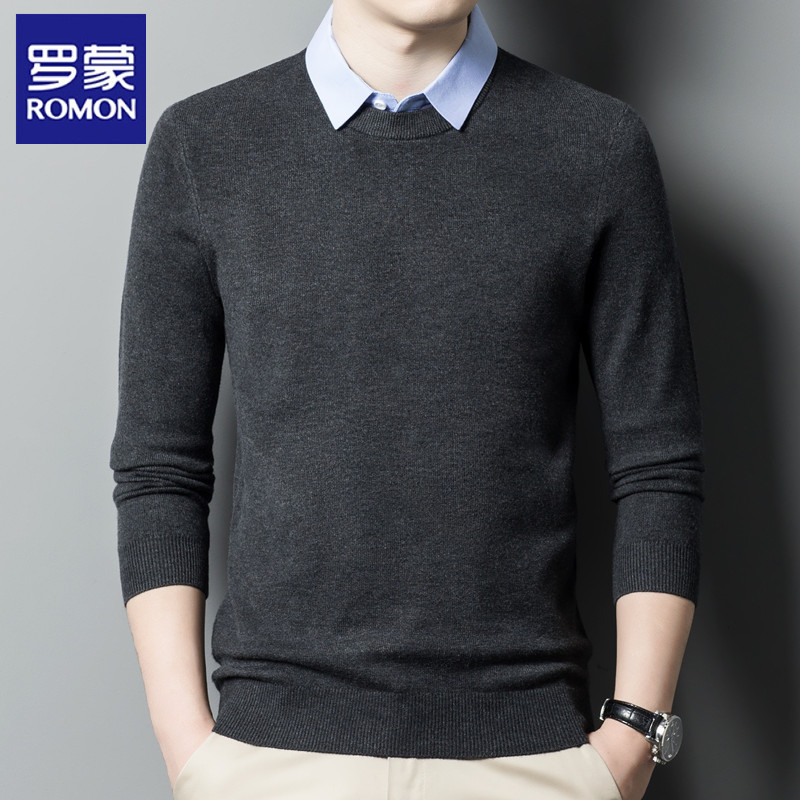 罗蒙【狐狸绒】2024秋冬季新款衬衫领假两件套头毛衣男士针织打底衫