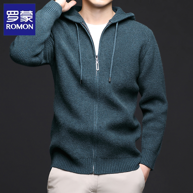 罗蒙连帽长拉链针织开衫男上衣2024春秋新款抗起球毛衣外套