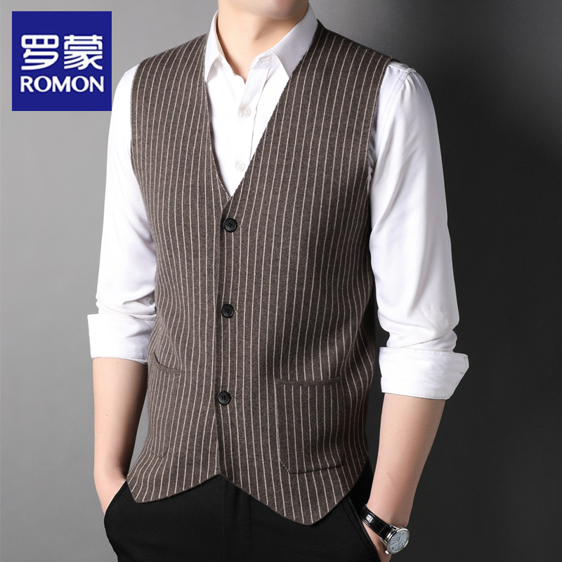 Romon/罗蒙春季男士条纹V领开衫背心春秋季西装针织马甲无袖坎肩