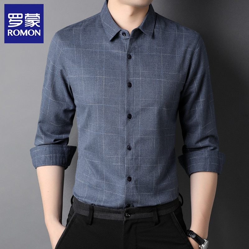 罗蒙加绒衬衫男士官方高级新款秋冬季正装长袖商务格子休闲衬衣男