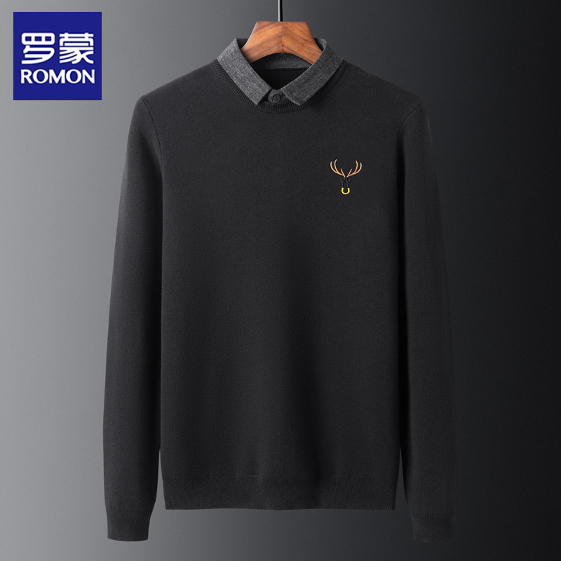 Romon/罗蒙保暖假两件男士衬衫圆领套头绣花毛衣加厚针织打底衫男