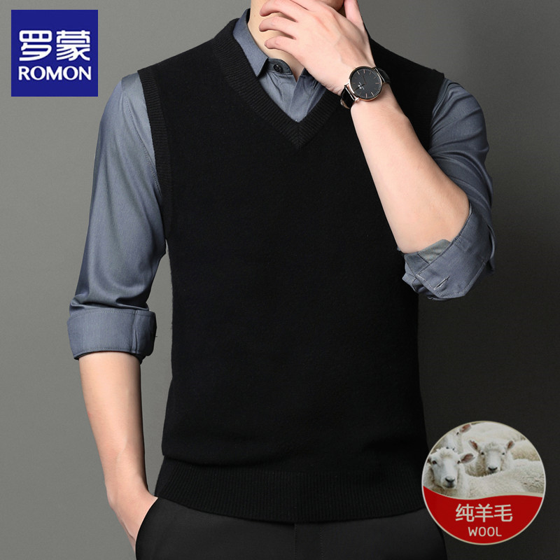罗蒙2025秋冬款羊毛背心男士100%纯羊毛衫加厚马甲中年男针织毛衣
