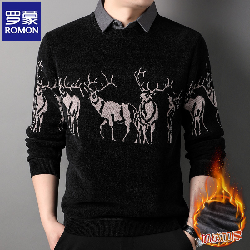 假两件毛衣男士冬季提花衬衫领针织衫打底上衣加绒加厚