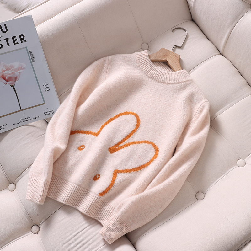 秋冬儿童加厚羊毛衫圆领套头男女卡通兔子针织毛衣百搭拼色打底衫