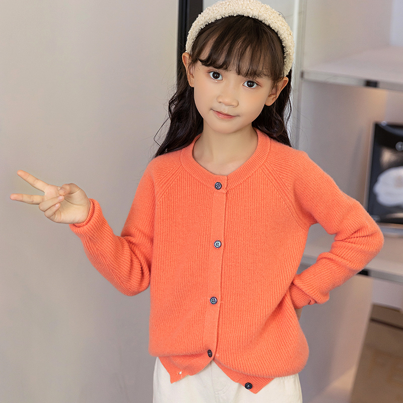 秋冬季儿童元宝针纯羊毛衫针织衫开衫洋气纯色毛衣圆领上衣外套女
