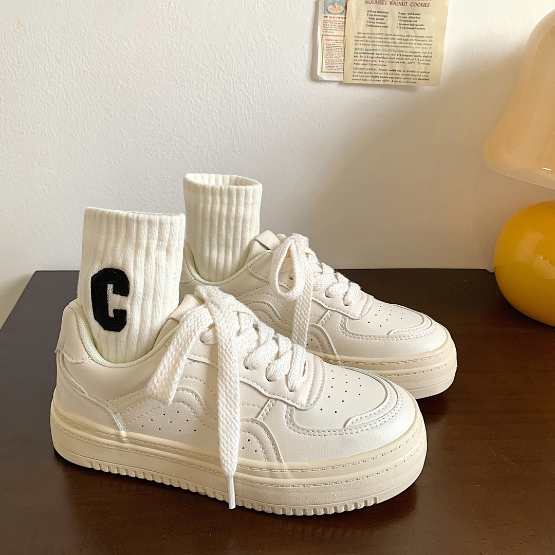 安踏神行日系百搭奶fufu小白鞋女2023秋季新款皮面厚底鞋ins复古