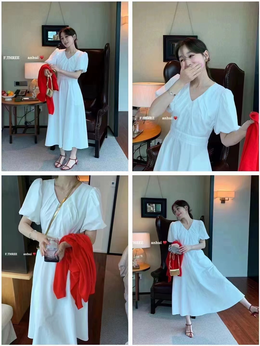 one-77法式V领泡泡袖收腰连衣裙6835