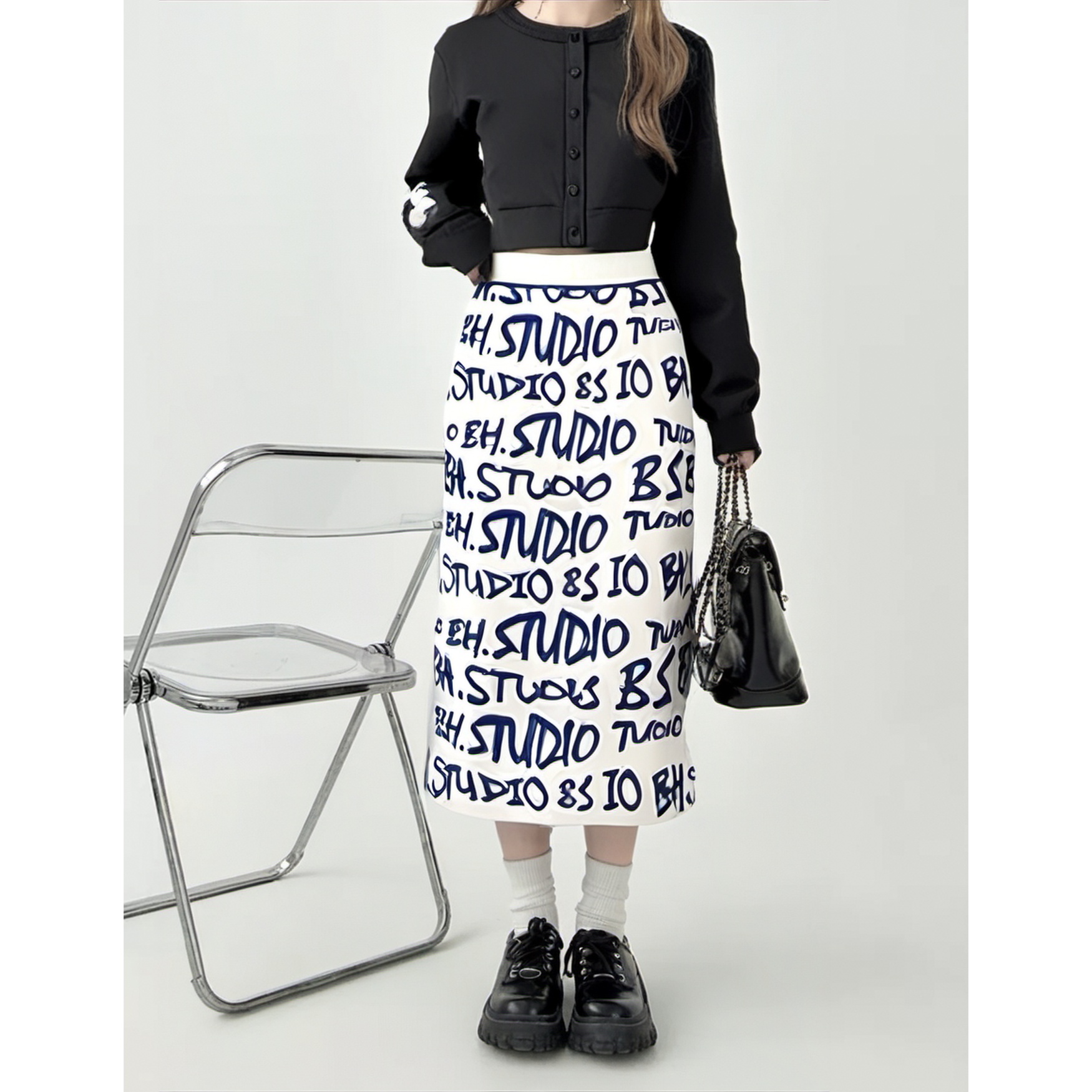 Basic House/百家好时尚印花针织半身裙 BJ650-HVSK728ABL