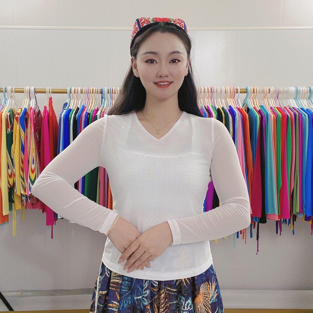 【厂家直销】弹力网纱双抽V领上衣/高支高密弹力网纱上衣