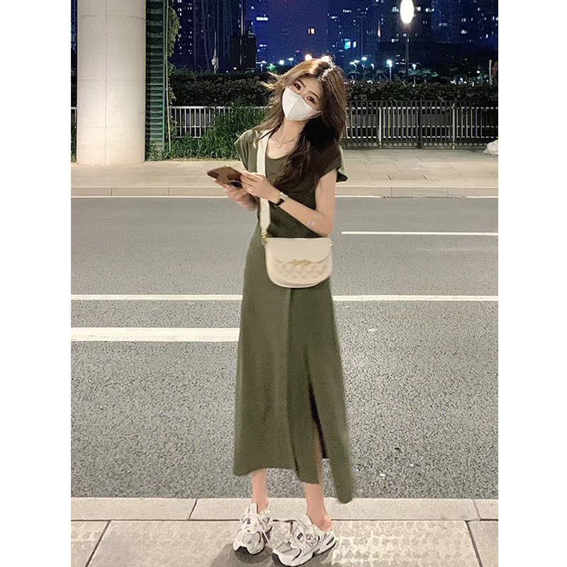 小个子甜辣风别致绿色开叉收腰连衣裙女150小众设计高级感长裙xs