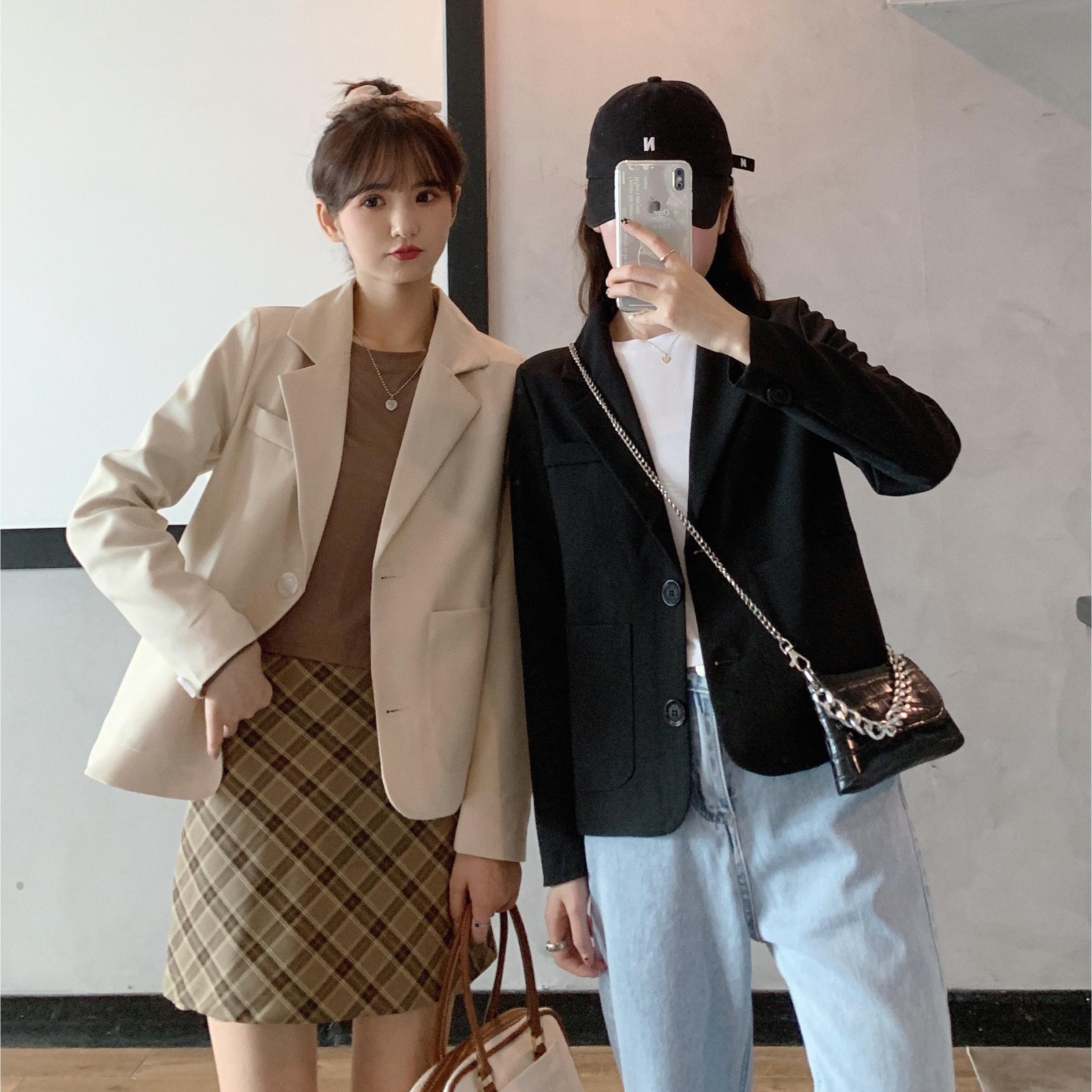 145矮小个子杏色小西装外套女XS码150小码显高百搭宽松短款西服春