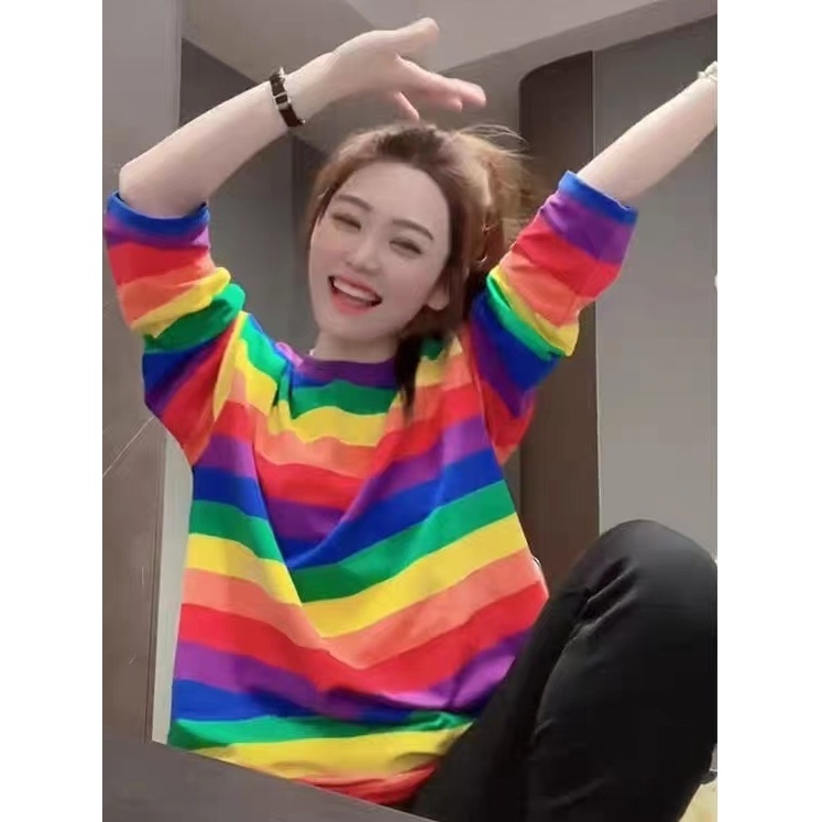 百搭彩虹条纹长袖T恤亲子装学生班服表演家庭出游套头打底衫上衣