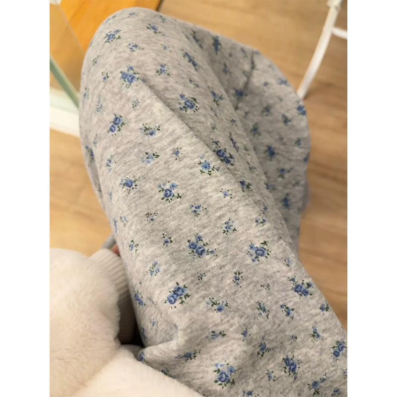 韩版小众碎花直筒阔腿裤子女秋冬加绒学生抽绳显瘦高腰宽松休闲裤