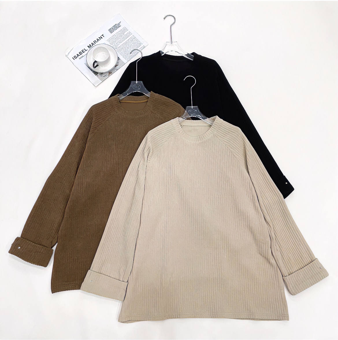 【希辰】韩版坑条圆领长袖上衣时尚宽松显瘦休闲套头T恤女打底衫