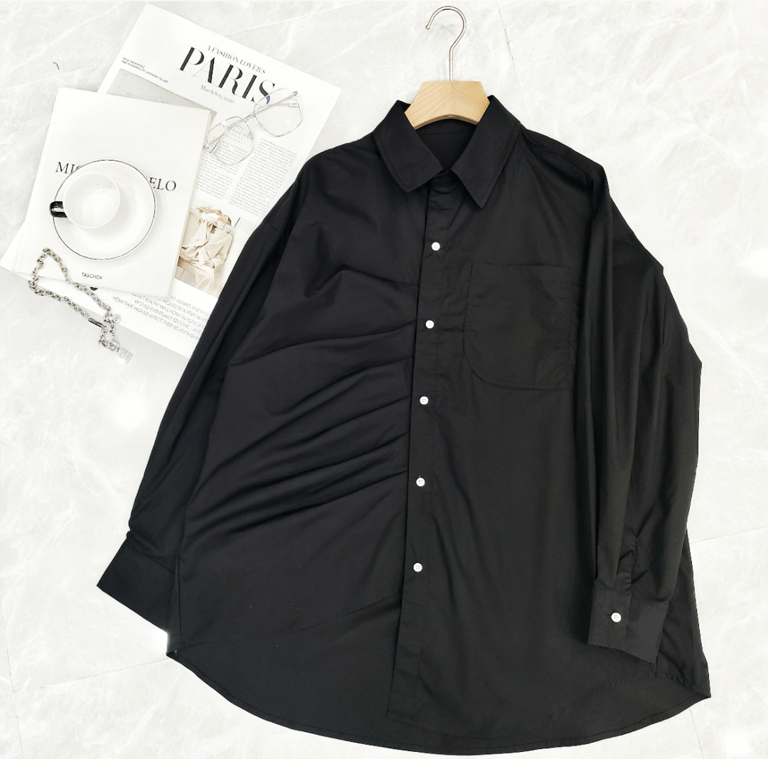 【希辰】韩系气质定制褶位不规则时尚POLO领阔版衬衣上衣女70231   