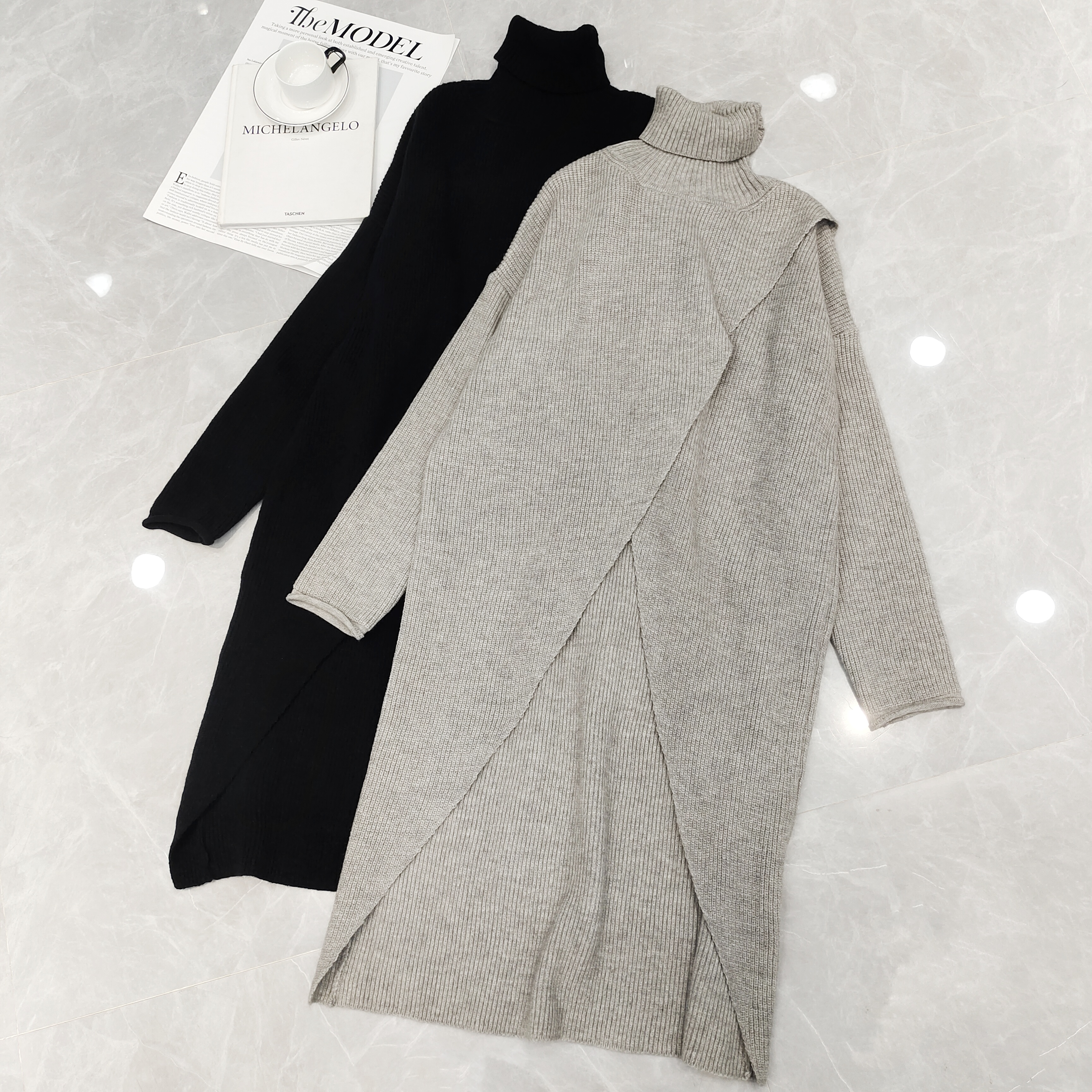 【希辰】时尚小众设计感高领开叉针织衫过膝长裙纯色百搭上衣毛衣