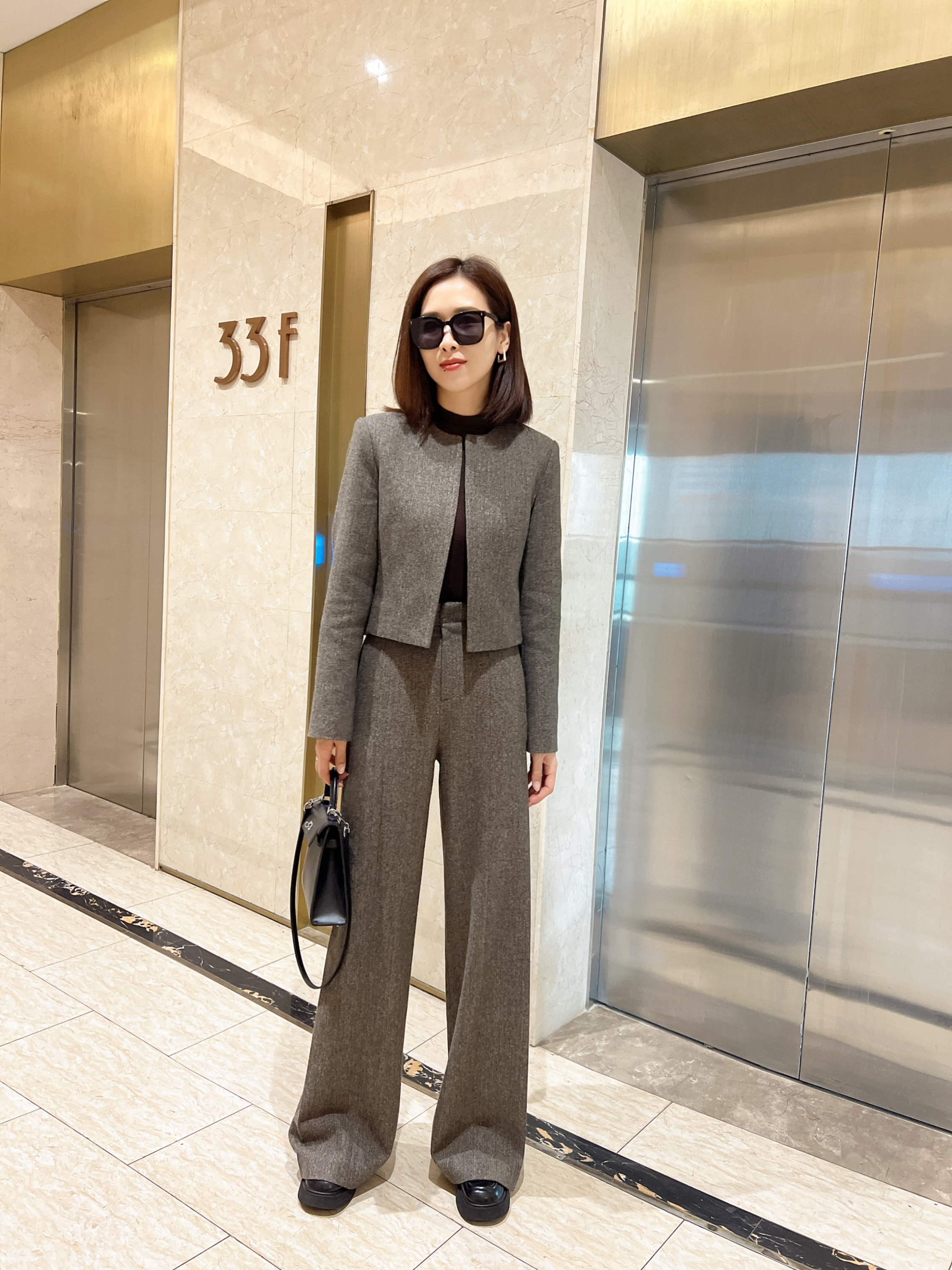 【希辰】韩系法式羊毛呢圆领小香风短款外套＋阔腿裤套装女 7761    