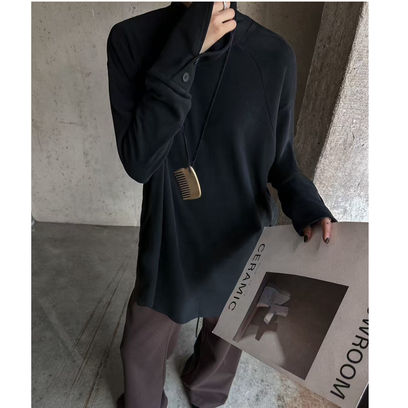 【希辰】磨毛半高领长袖女秋冬开叉小众设计纽扣打底上衣  39158   