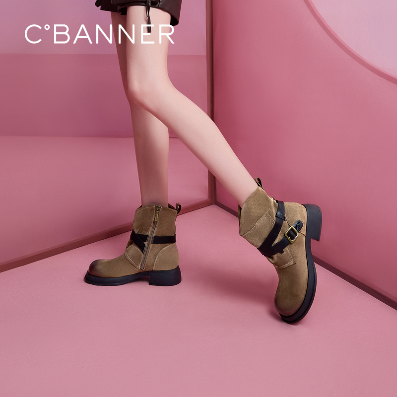 千百度西部牛仔靴户外防滑复古冬季新款粗短靴女靴子A24530671