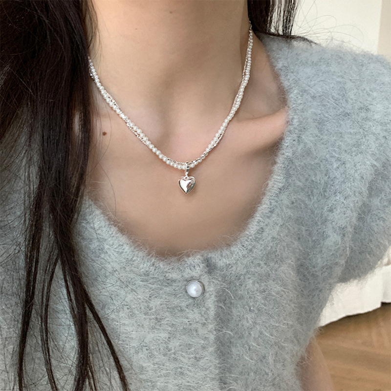 铜合金仿珍珠项链 双层碎银珠珠爱心吊坠项链法式优雅百搭锁骨链 