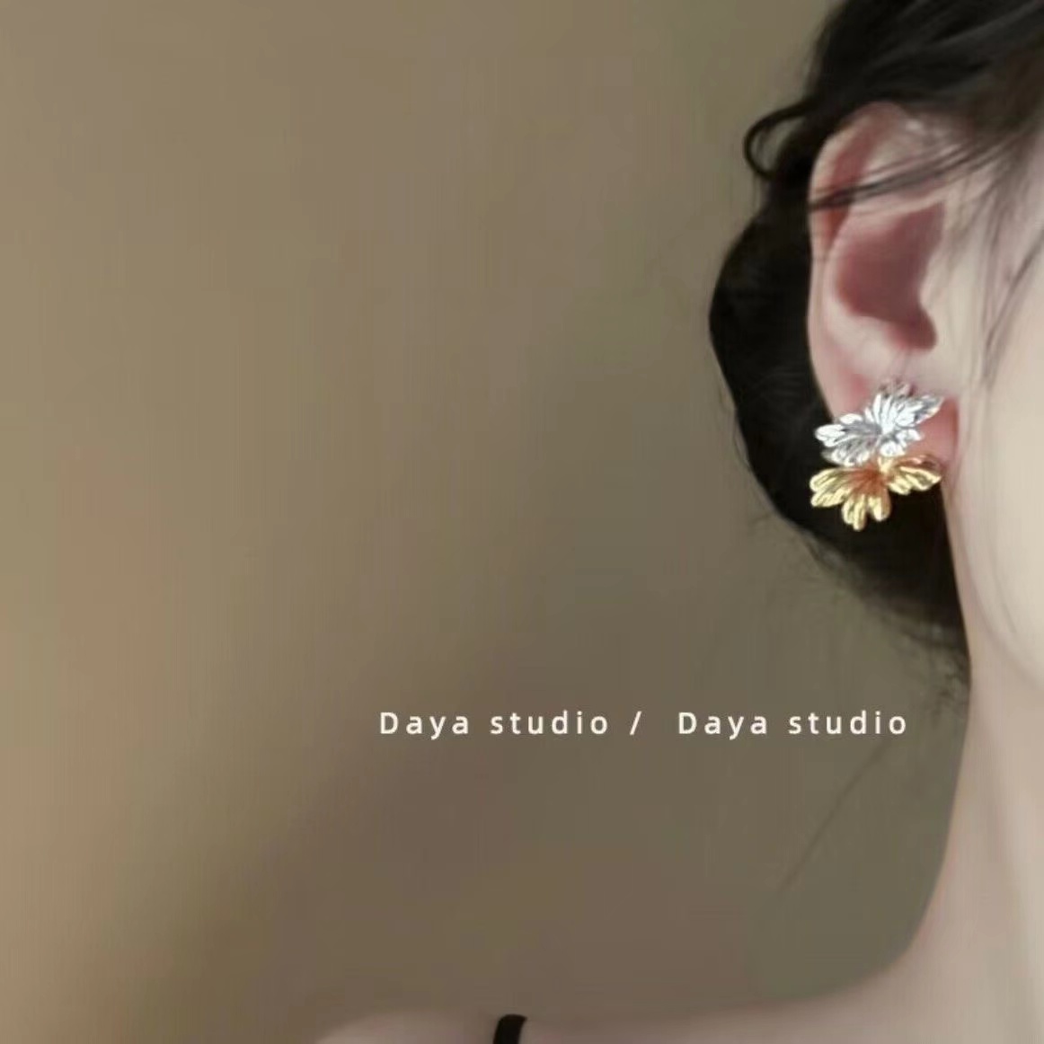 合金亚克力耳饰 两戴高级双色法式金属耳环女轻奢-