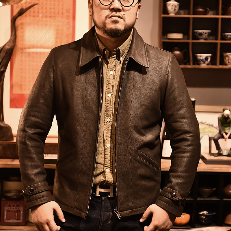 头层牛皮9877 男士春秋复古休闲翻领时尚秋冬商务修身