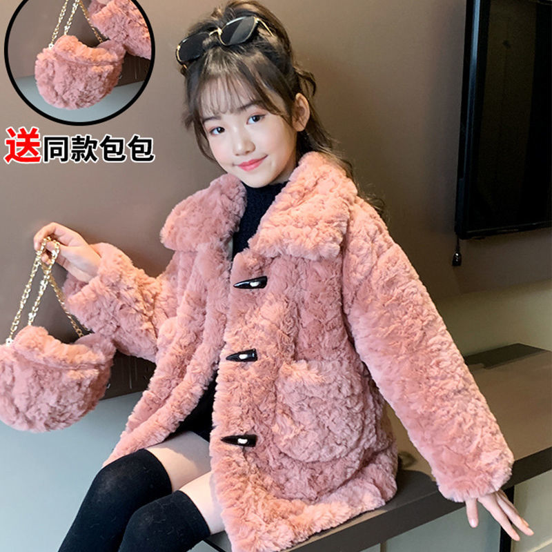 女童羊羔毛毛衣外套秋冬装皮毛一体2023年新款洋气儿童装加厚加绒