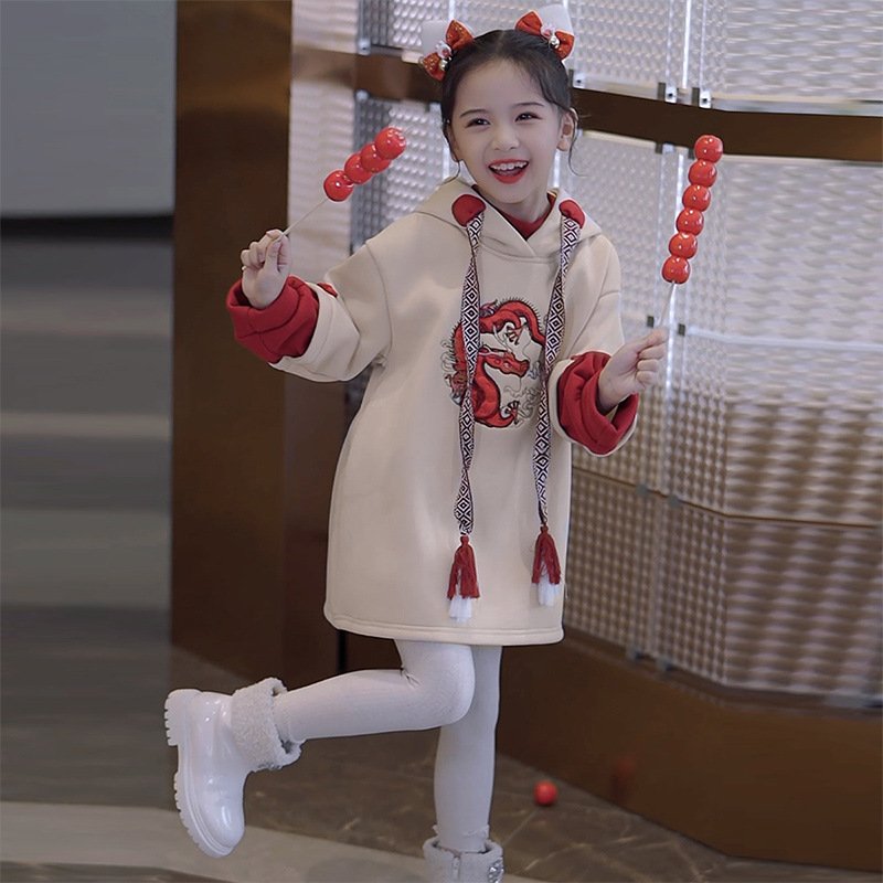【冬季大促】女童国风卫衣裙子2023冬季女童中大童过年亲子连帽卫
