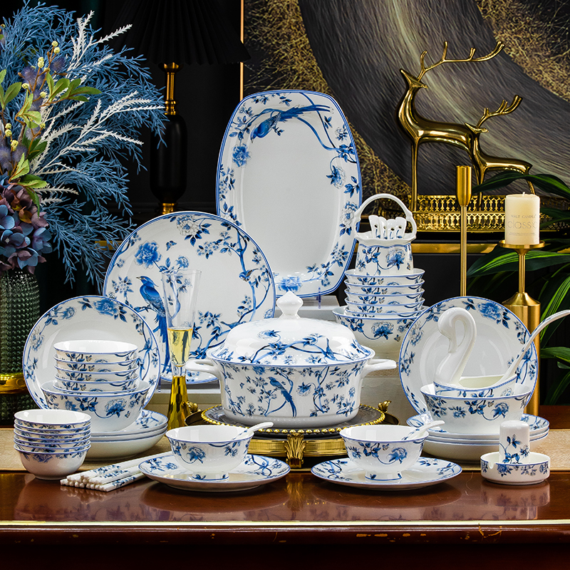 【青山专享  蓝喜鹊套装】景德镇骨瓷送人家用釉下彩餐具青花碗碟盘