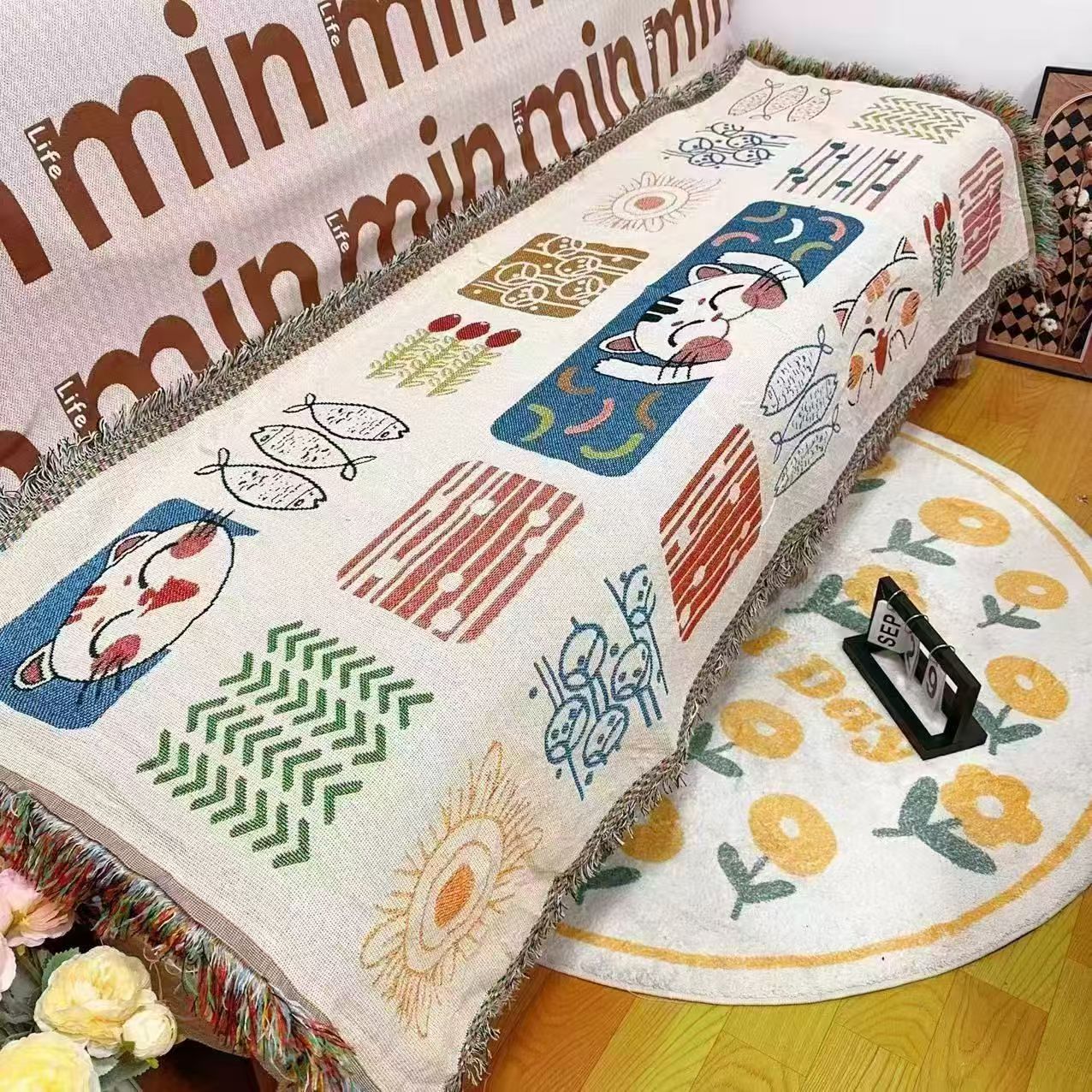 【沙发盖巾】<小猫钓鱼>85X235cm<±5cm 含流苏边尺寸>简约沙发垫