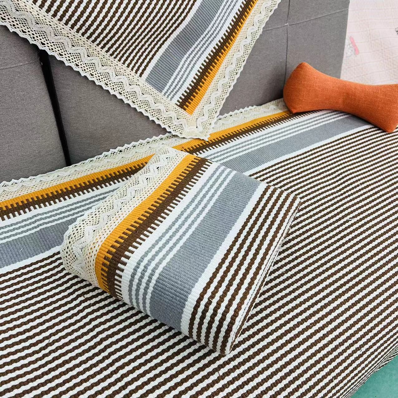 老粗布【沙发巾三件套】<时光-咖>加厚 简约家用透气三条 一套装