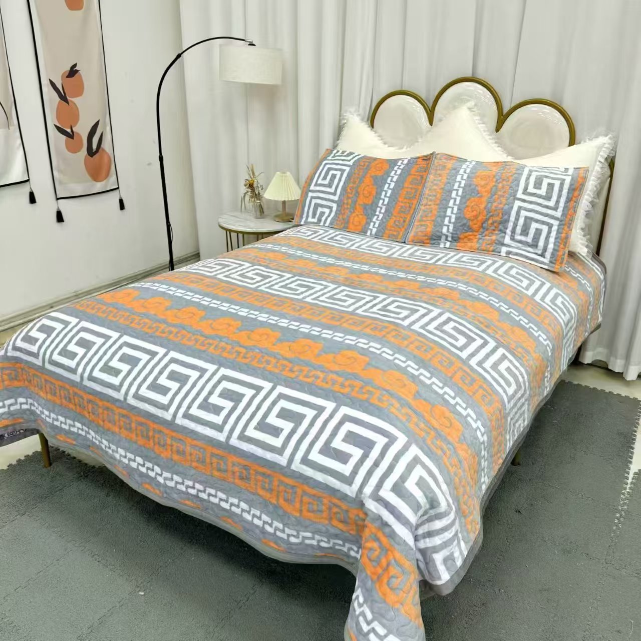 【牛奶绒床盖】<灰橙-祥云格>200X220cm<±5cm>绗缝多功能保暖加厚