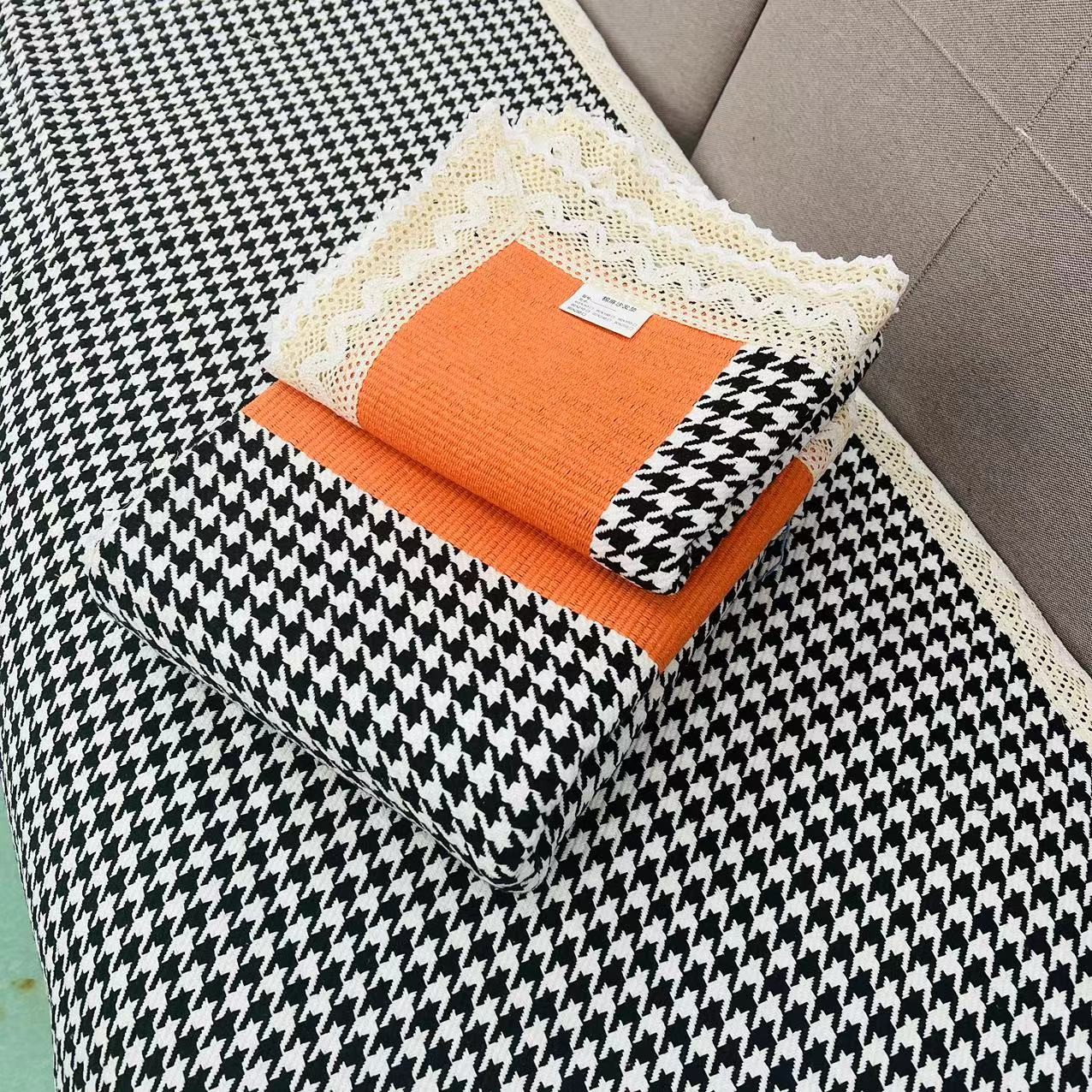 老粗布【沙发巾三件套】<橙条-黑千鸟>加厚 简约家用透气三条一套装