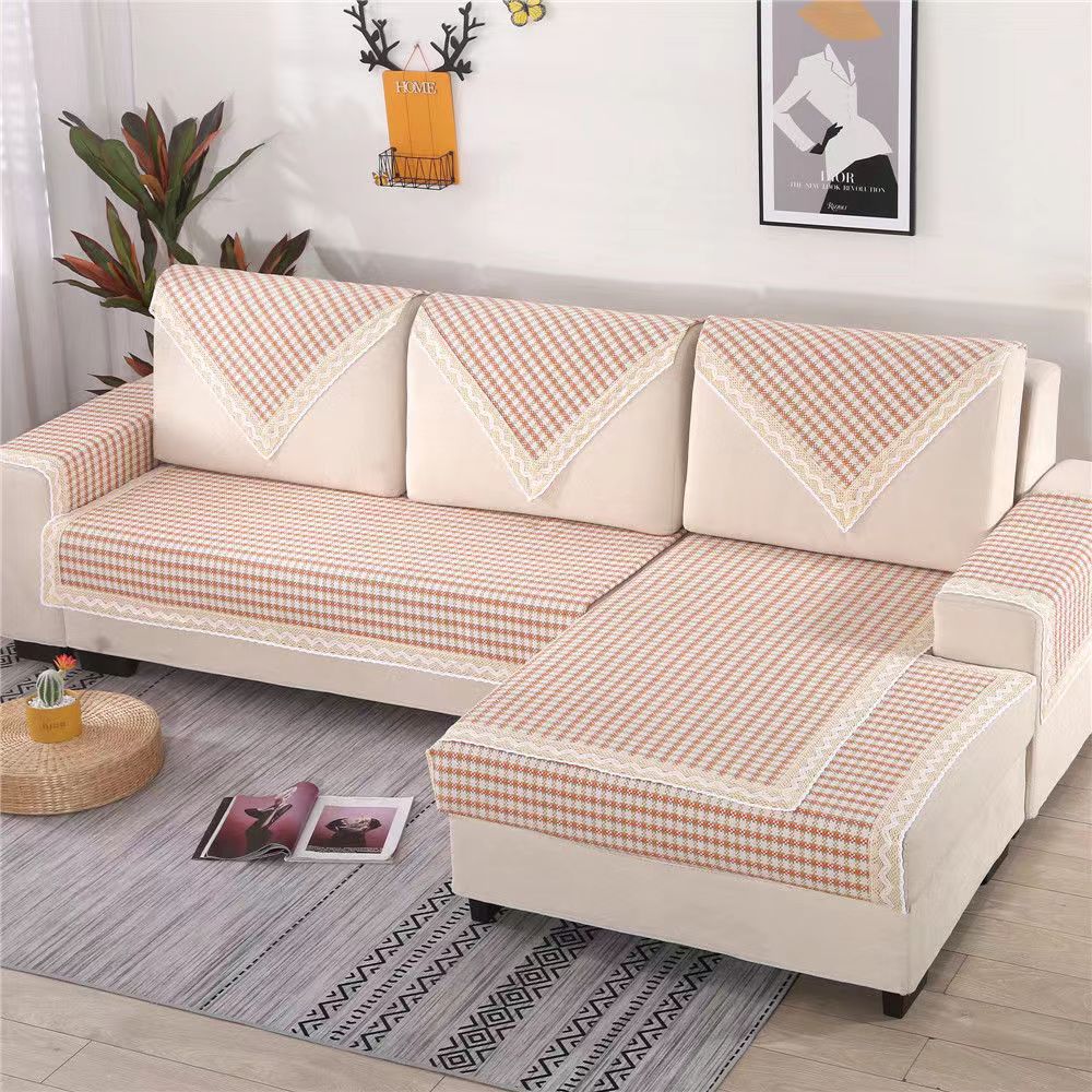 瑕疵老粗布【沙发巾单条装】<小橙咖格>90X240cm<±5cm> 加厚